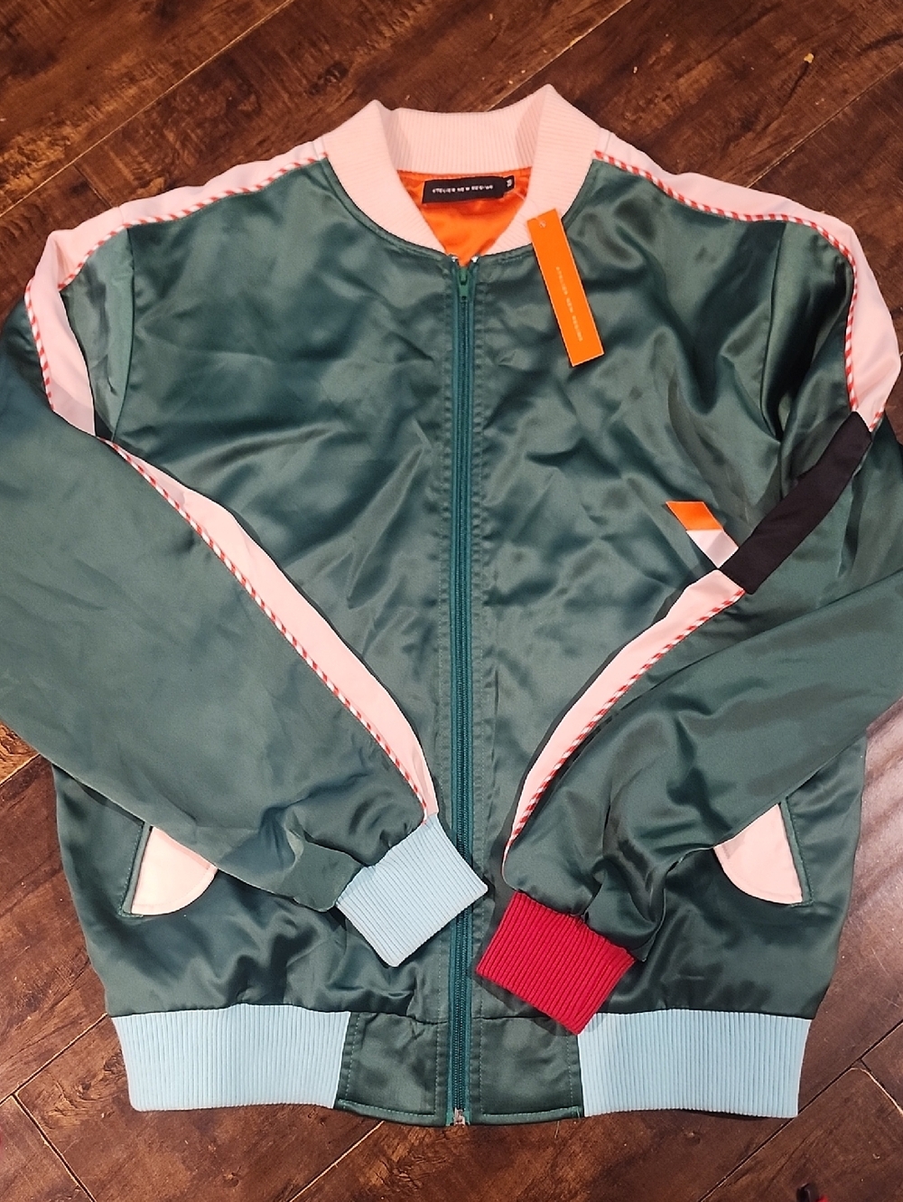 Atelier New Regime Green Satin Bomber with Pink Rib Collar - Picture 4 of 11